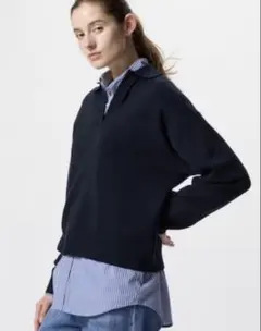 ネイビー ポロネック 長袖ニット