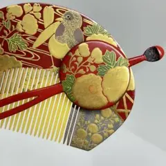 082604 ビンテージ　樹脂　櫛　平打ち　鳥　菊文様　かんざし