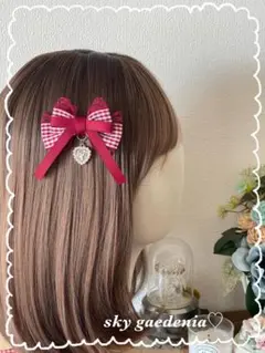 ♡ ギンガムリボン 赤 ハートヘアクリップ ロリータ 量産型 ゴスロリ 推し♡