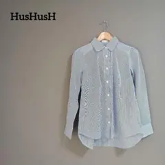 美品 ハッシュアッシュ フリル長袖シャツ L 青白 ストライプ 美シルエット
