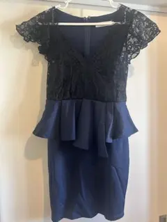 ネイビー レース袖 ペプラム タイトドレス