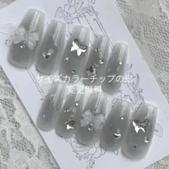 【ネイルチップオーダー】チークカラー変更可冬リボンワンホンクリスマスy2kグレー