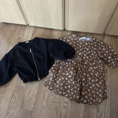 黒ジップアップブルゾンと花柄ワンピースセット