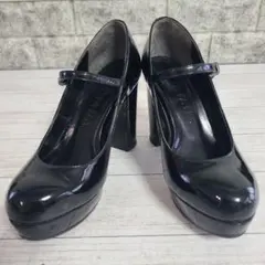 DIANA ストラップパンプス エナメル 黒 チャンキーヒール 21.5cmのサムネイル