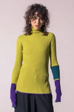 アウラアイラ　23AW　バイカラースリーブリブニット　ハイネック　タートルネック