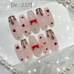 バレンタインネイル チョコ ハートネイル リボン オーダーネイルチップ