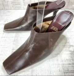 ZARA ザラ 本革 レザーミュール 38 ブラウン スクエアトゥ 24cm