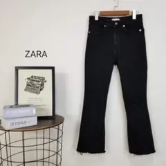 美脚ZARAハイライズセミフレアカットオフストレッチデニムパンツEUR40黒