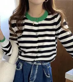 SHEIN ボーダートップス　グリーン　Mサイズ