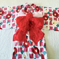 美品　120 2way ワンピース　椿　花柄　和柄　古典柄　兵児帯　浴衣セット