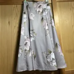 グレー フラワープリント ロングフレアスカート