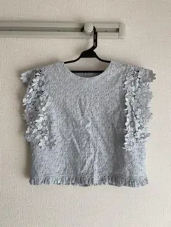 flower ブラウス　ノースリーブ　花柄レース　水色