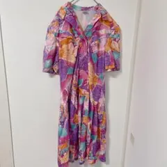 総柄ワンピース【L】レトロ 花柄 半袖 カラフル ピンク系 サイズ48 春服
