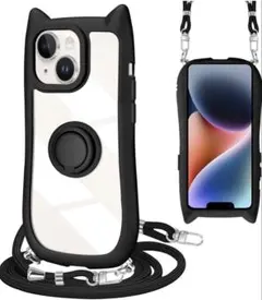 【最終】iPhone 13 専用 ケース クリア ショルダー リング付き 猫耳