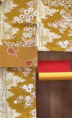 【クリーニング済】花柄浴衣セット 半幅帯 六寸帯 3点セット うさぎ