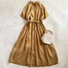 自由区⁑レーヨンリネン　ベルトテッドフレアロングワンピース　深みグリーン　38 自由区⁑レーヨンリネン ベルトテッドフレアロングワンピース 深み