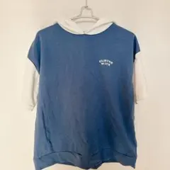 【L】COLZA フード付き半袖Tシャツ 青/ホワイト カジュアル レディース