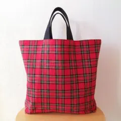 タータンチェックとブラック帆布のリバーシブルトートバッグ