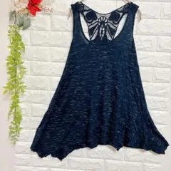 美品Bobeau バックレース タンクトップ チュニック ネイビー 杢調 USA