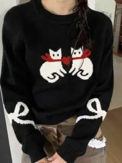 猫刺繍 ブラック ニットセーター 長袖