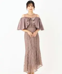 Leja レジャ 花柄刺繍オフショルダーシアードッキングドレス ラベンダー
