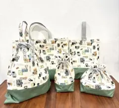 【入園入学準備】ハンドメイド 5点セット 北欧風 カメラ柄 グリーン切替