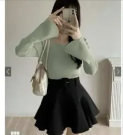 スクエアネックフレアスリーブリブニットトップス[k9153c]