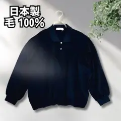 長袖ポロシャツ 毛100% 裾ゴム入り 無地 日本製 シンプル カジュアル