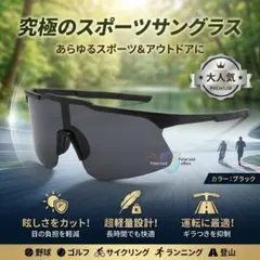 スポーツサングラス 偏光レンズ 超軽量 ブラック黒サイクリング 野球ゴルフのサムネイル