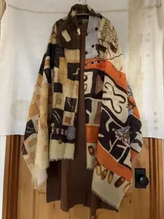 45R☆フラワープリントのシルクのこんぶ＊ロングスカーフ/ブラウン