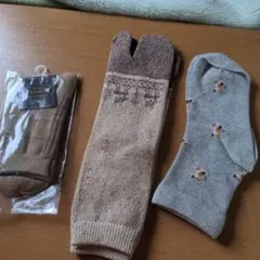 ベージュ チェック柄 2本指ソックス 3足セット