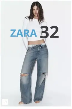 ZARA TRF 折り返しウエストミッドライズデニムパンツ　32