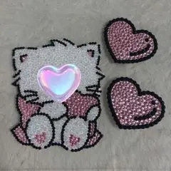 うちわ デコ ストーン リボン ピンク ハート リボン 猫