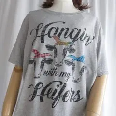 Lサイズ 牛 プリント Tシャツ グレー GILDAN アニマル 半袖 古着