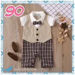 90　ベビーフォーマル　半袖　ロンパース　ベージュ　蝶ネクタイ 　3