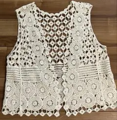 【美品】レース編み　ベスト ジレ　フラワーモチーフ