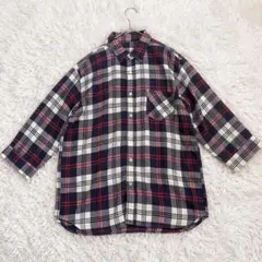 【アズールバイマウジー】チェック ロングシャツ コットン混 ネイビー M 春夏のサムネイル
