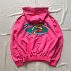 90s O'NEILL 短丈 両面ロゴジップパーカー 忍者型フード ネオンピンク