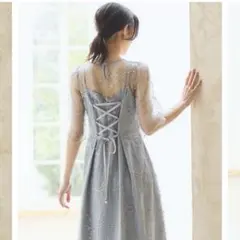 極美品✨DRESS＋ パーティードレス グレー 総レース 刺繍 シアー袖 結婚式