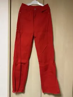 赤 ストレートデニムパンツ　切りっぱなし　S