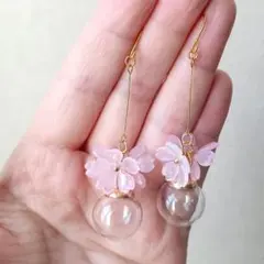 №500　桜モチーフ×14mmガラスドームピアスイヤリング ハンドメイド