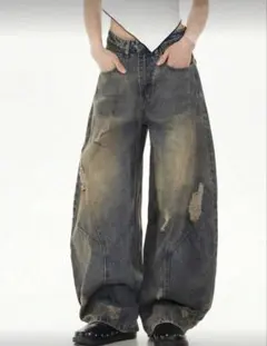 ダメージ加工 ダークブルーデニム ワイドレッグ