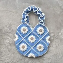 ハンドメイド グラニーバッグ 花 モチーフグラニースクエア フリル ライトブルー