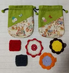❬未使用❭ ハンドメイド キルティング巾着袋 2点&アクリルたわし 5点 セット