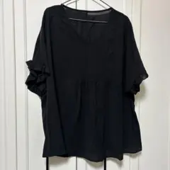 大きいサイズ フリル袖 ブラック Vネック トップス 半袖 カットソー Tシャツ