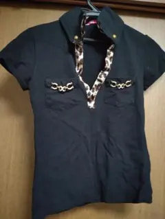 レオパード柄襟 半袖シャツ 黒