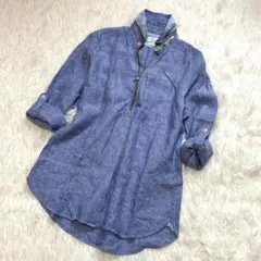 美品★リネン100% シャツ　七分袖　ブルー　2way