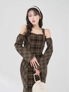 バックオープンチェックマーメイドロングワンピース