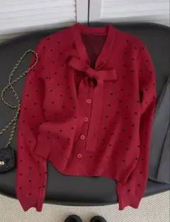 赤 ドット柄 長袖ニットセーター