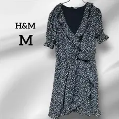 H&M 小花柄 フリルブラウス S~Mサイズ2 ブルー ネイビー 半袖 涼しげ